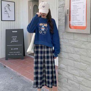 Cartoon Print Sweatshirt / Plaid Midi A-line Skirt