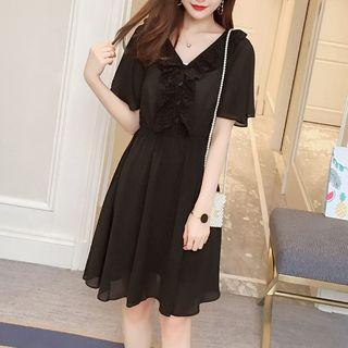 Flutter-sleeve Eyelet Lace Trim Chiffon Dress