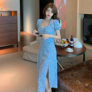 Puff-sleeve Floral Split Dress Light Blue - One Size