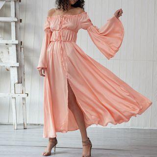 Off-shoulder Plain Maxi A-line Dress