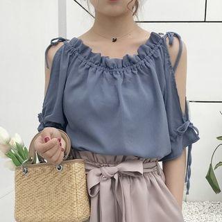 Frill Trim Cut Out Shoulder Elbow Sleeve Top
