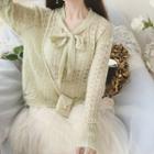 Long-sleeve Perforated Ribbon Knit Top Green - One Size