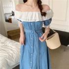 Off-shoulder Ruffle Denim Midi Dress
