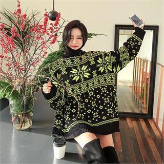 Snowflake Pattern Oversized Wool Blend Sweater