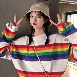 Rainbow Striped Long-sleeve Oversize T-shirt