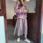 Floral Long-sleeve Midi A-line Dress / Chunky Knit Cardigan