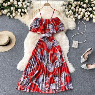 Chain Print Ruffle Off-shoulder Spaghetti-strap Dress
