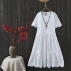 Crew-neck Elbow-sleeve Midi A-line Dress White - One Size