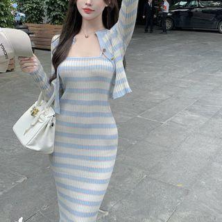Spaghetti Strap Striped Knit Midi Bodycon Dress / Cardigan