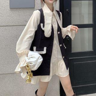 Plain Button-up Ruffle Shirtdress / Button-up Vest