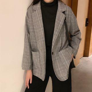 Plaid One-button Blazer Gray - One Size