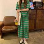 Short-sleeve Striped Loose-fit Dress Stripe - Green - One Size