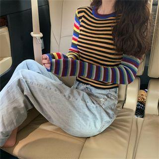 Long-sleeve Color-block Striped T-shirt As Shown In Figure - One Size