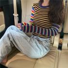 Long-sleeve Color-block Striped T-shirt As Shown In Figure - One Size