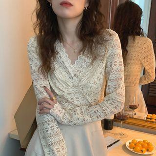 Long-sleeve V-neck Lace Top Almond - One Size