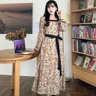 Long-sleeve Tie-waist Floral Print Midi A-line Dress