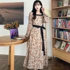Long-sleeve Tie-waist Floral Print Midi A-line Dress