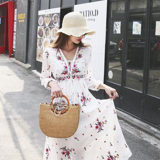 Lace-up Flower-embroidered Long Dress