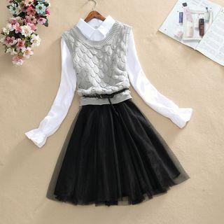 Set: Mock Two-piece Long-sleeve Dress + Crochet Knit Vest