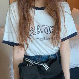 Short-sleeve Lettering Ringer T-shirt Top - White - One Size