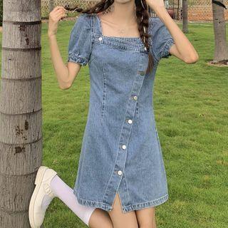 Square-neck Short-sleeve Button Denim Dress