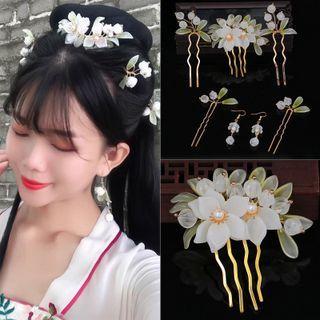 Set: Retro Flower Hair Comb + Hair Stick (various Designs) + Dangle Earring Hair Comb & 4 Pcs Hair Sticks & 1 Pair Earrings - Gold & White & Light Jade Green - One Size