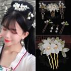 Set: Retro Flower Hair Comb + Hair Stick (various Designs) + Dangle Earring Hair Comb & 4 Pcs Hair Sticks & 1 Pair Earrings - Gold & White & Light Jade Green - One Size