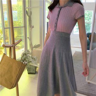 Two-tone Short-sleeve Buttoned Knit Top / A-line Skirt
