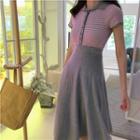 Two-tone Short-sleeve Buttoned Knit Top / A-line Skirt