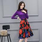 Set: Mock Neck Knit Top + Floral Print A-line Skirt