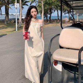 Off-shoulder Open-back Maxi A-line Dress