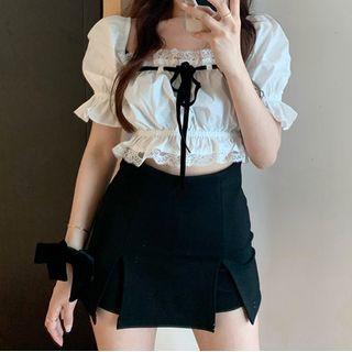Puff Sleeve Square Neck Lace Trim Cropped Top / Slit A-line Skort