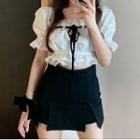 Puff Sleeve Square Neck Lace Trim Cropped Top / Slit A-line Skort