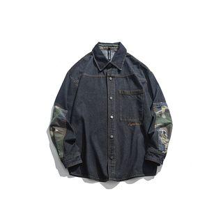 Letter Embroidered Camouflage Panel Denim Shirt