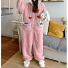 Long-sleeve Hooded Flannel Sleep Jumpsuit Pink - One Size