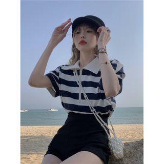 Puff-sleeve Striped Polo Shirt Stripe - One Size