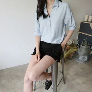 Half-placket Elbow-sleeve Shirt