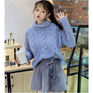 Mock Turtleneck Cable-knit Sweater / Mini A-line Skirt