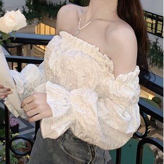 Off-shoulder Ruffled Shirred Blouse White - One Size