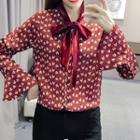 Bow Dotted Bell-sleeve Chiffon Blouse