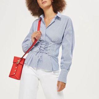 Lace-up Banded Waist Striped Shirt