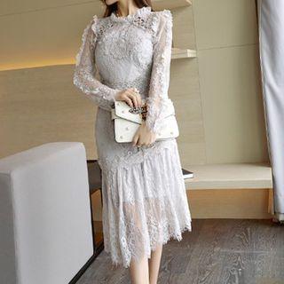 Long-sleeve Lace Panel Midi Cocktail Dress