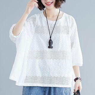 Elbow-sleeve Eyelet Panel Blouse