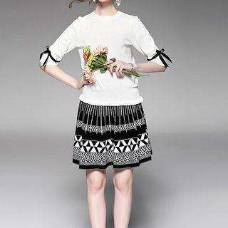 Set: Bow Elbow Sleeve Knit Top + Patterned A-line Knit Skirt