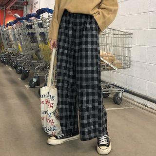 Plaid Wide-leg Pants Plaid - Black - One Size