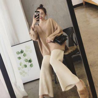 Set : Plain Sweater + Knit Wide-leg Pants