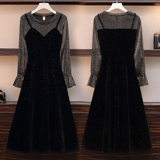 Mock Two-piece Long-sleeve Glitter Midi A-line Dress