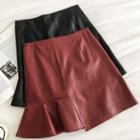 Plain Asymmetric High-waist Faux Leather A-line Fish Tail Skirt