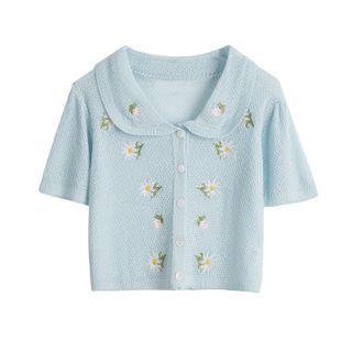 Floral Embroidered Collar Short Sleeve Knit Cardigan