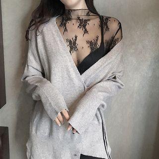 Long-sleeve Lace Top / V-neck Tie-waist Cardigan